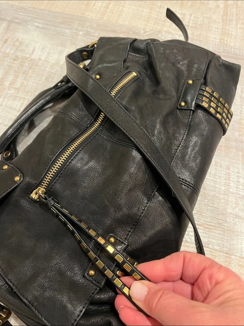 Kooba Black Leather Bag with Gold Studs